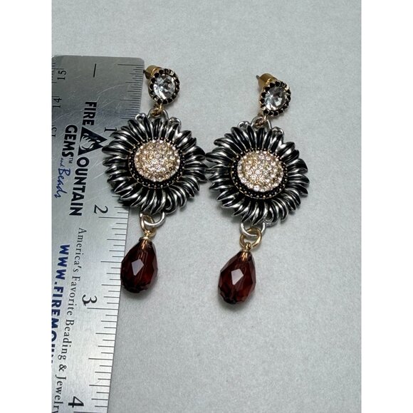 ZARA Sunflower Rhinestone Drop Earrings Burgundy Crystal NWOT - Picture 5 of 7